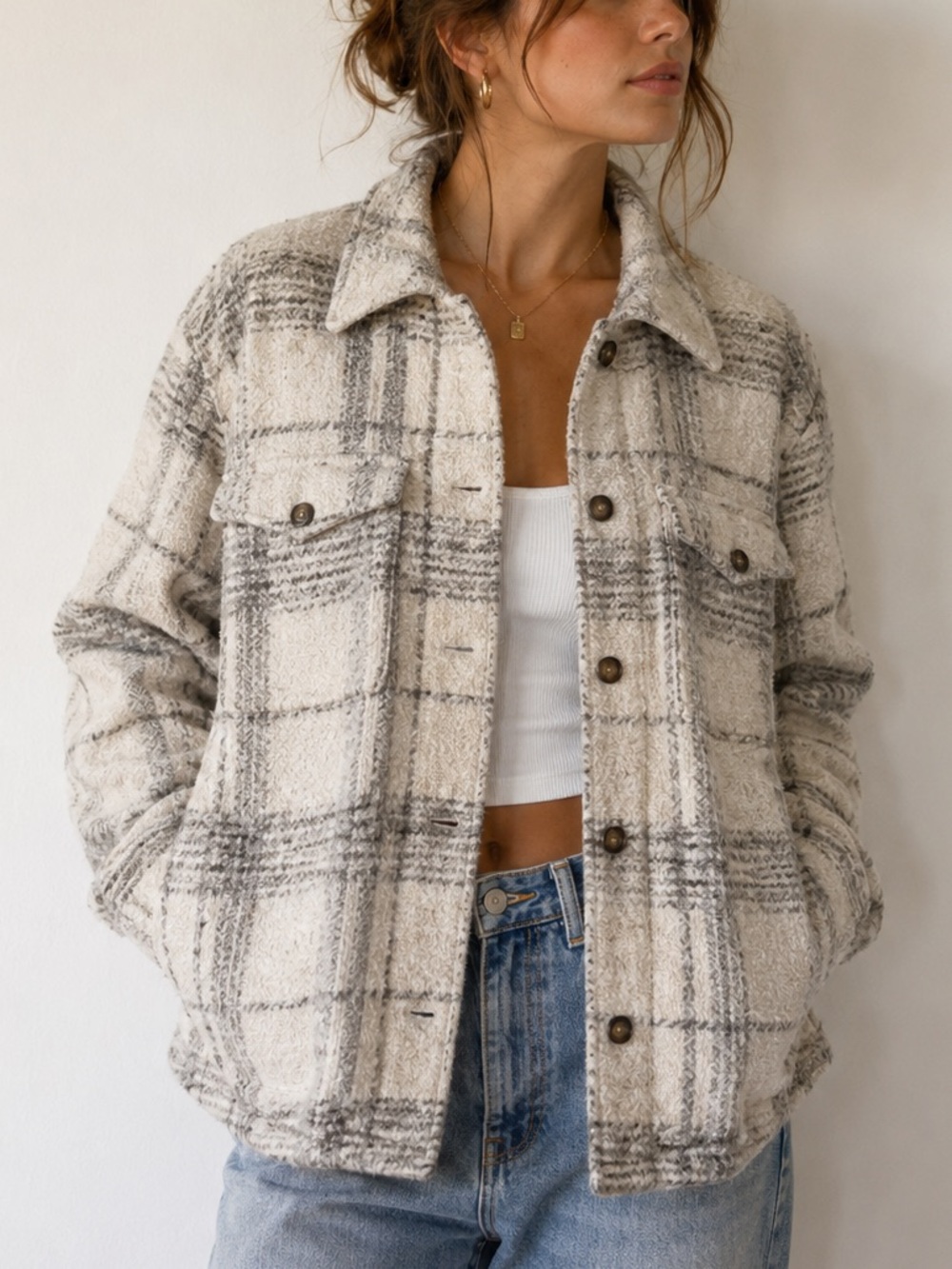 Banana‎ Republic Oatmeal Plaid Shacket XS Petite Neutral Wool Blend Shirt Jacket